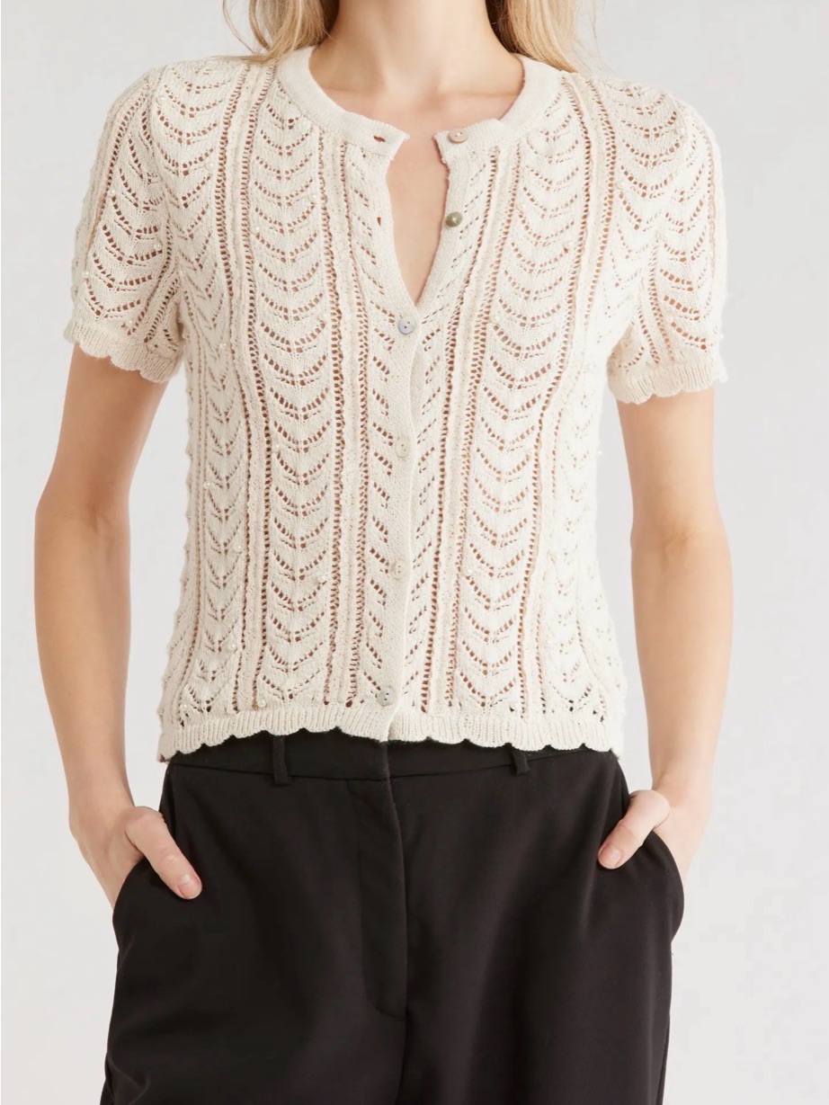 Jason Wu Pearl Pointelle Lace Cardigan Sweater Beige Scallop Short Sleeve M